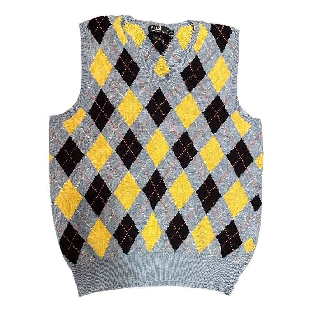 Polo Ralph Lauren Men’s Large Tall Argyle Sweater Vest Blue & Yellow Cashmere